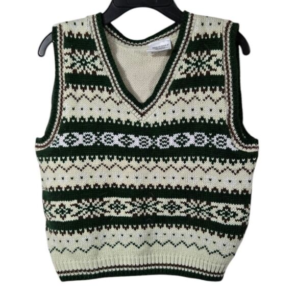 Little Boys Sweater Vest Green Fair Isle Stripe Sleeveless V-neck Grandpa Preppy - Picture 1 of 6